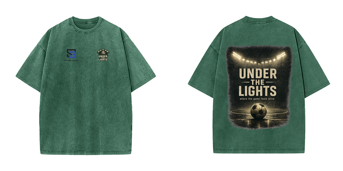 Football Night Under The Spotlight T-Shirt Heavyweight Washed Tee 240g Combed Cotton Oversized Fit Unisex Original Design