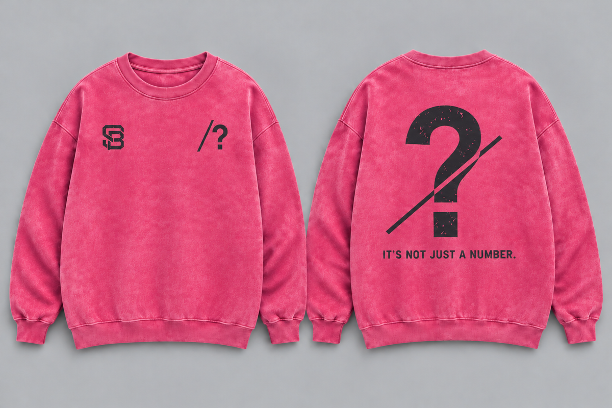 Front and back views of pink washed oversized crewneck sweatshirt with customizable question mark graphic