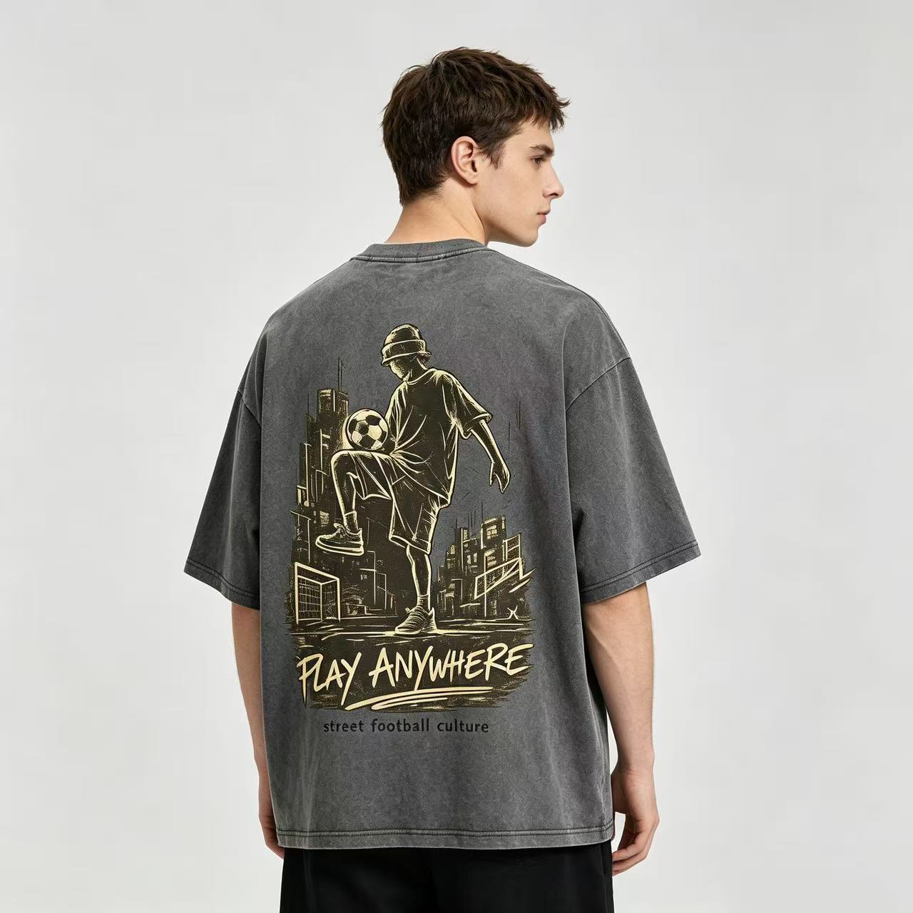 Play Anywhere Street Football Graphic Oversized T-Shirt – 240 GSM Heavyweight Combed Cotton Unisex Tee