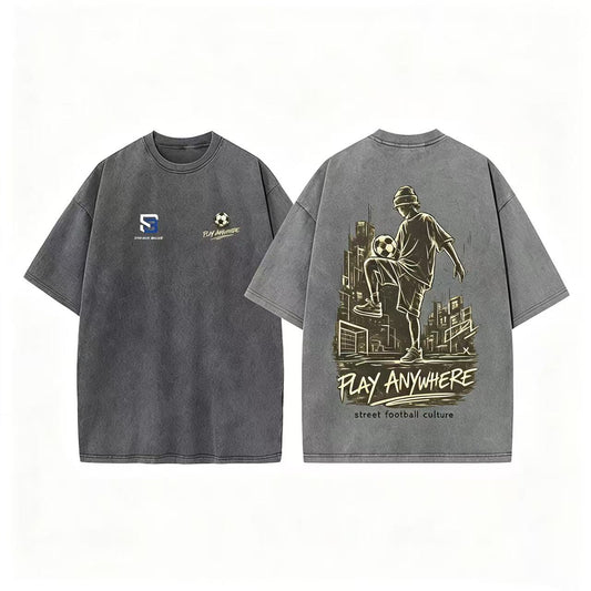 Play Anywhere Street Football Graphic Oversized T-Shirt – 240 GSM Heavyweight Combed Cotton Unisex Tee