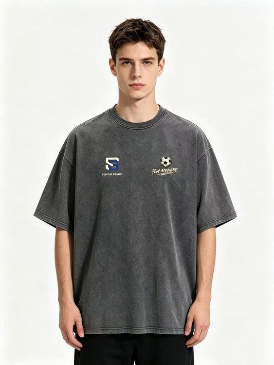 Play Football Anywhere T-Shirt Retro Oversized Fit Loose Style Unisex Streetwear Heavyweight Cotton Vintage Washed Tee