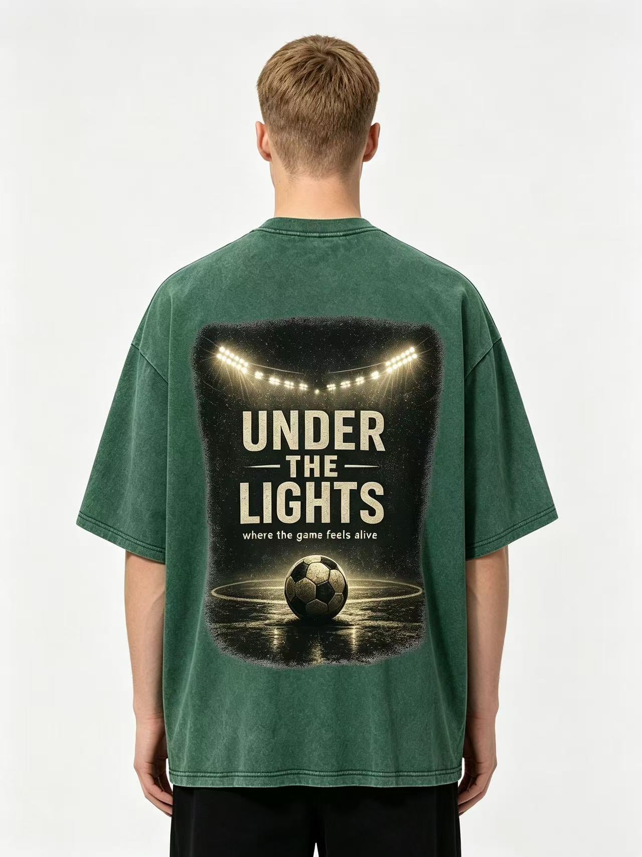 Football Night Under The Spotlight T-Shirt Heavyweight Washed Tee 240g Combed Cotton Oversized Fit Unisex Original Design