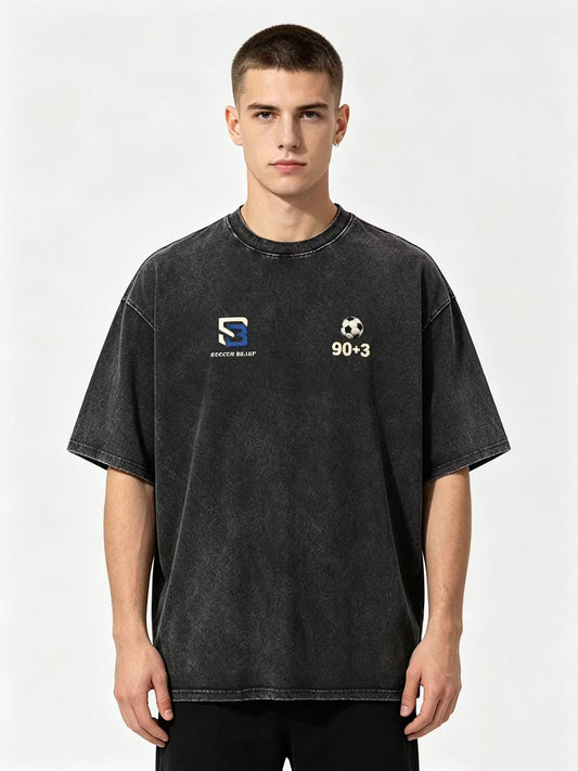 90+3 Stoppage Time Belief T-Shirt 240g Heavyweight Combed Cotton Vintage Washed Tee Unisex Football Streetwear