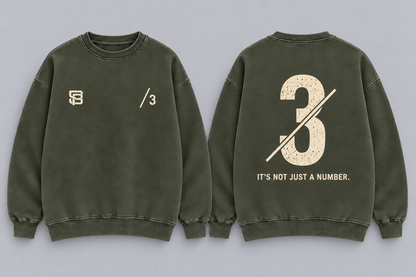 Front and back views of Army Green oversized sweatshirt with number 3 back graphic