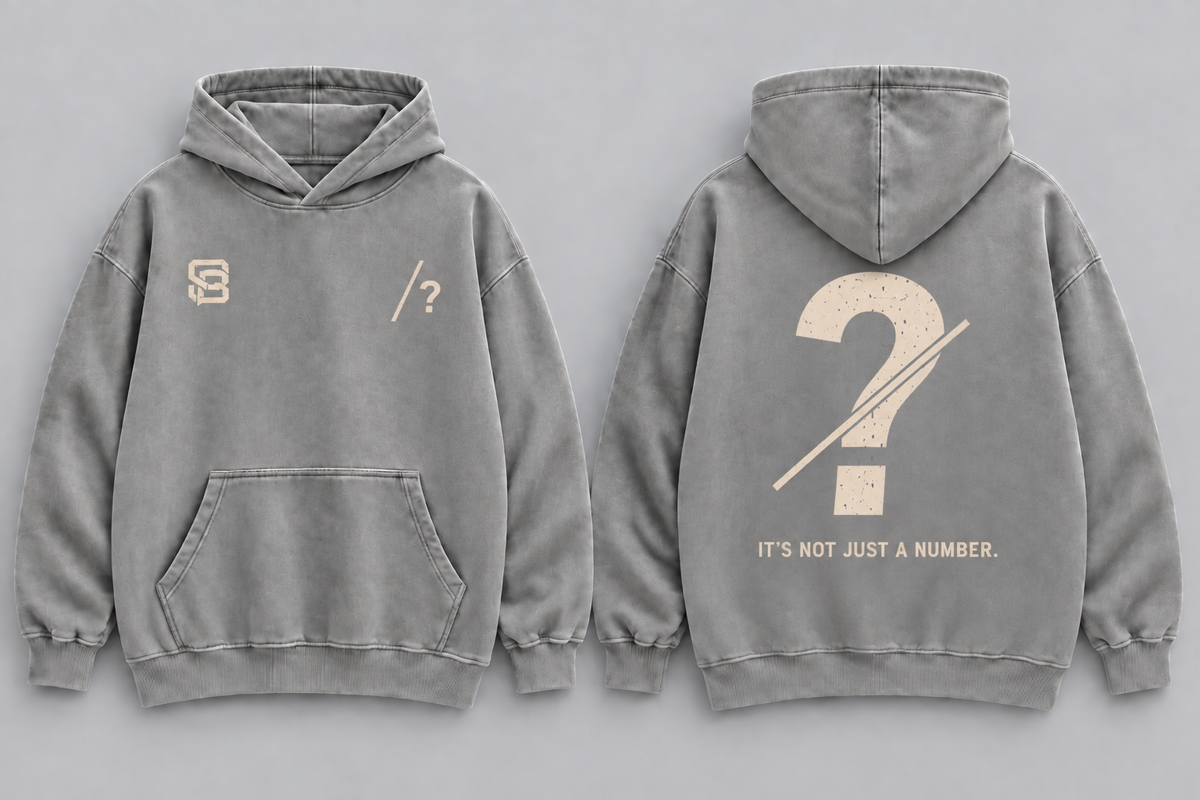 Front and back views of grey washed oversized hoodie with customizable question mark graphic