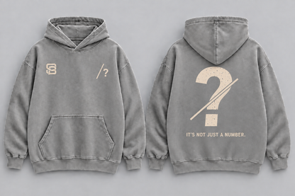 Front and back views of grey washed oversized hoodie with customizable question mark graphic