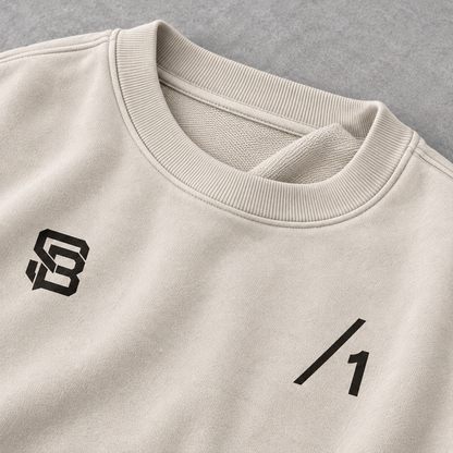 Close-up of the front chest print on off-white oversized sweatshirt
