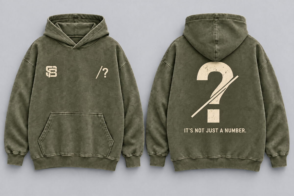 Front and back views of olive green washed oversized hoodie with customizable question mark graphic