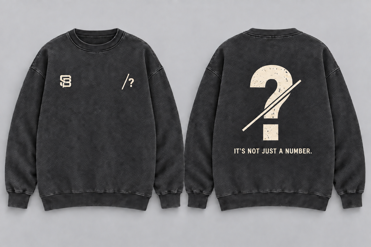 Front and back views of black washed oversized crewneck sweatshirt with customizable question mark graphic