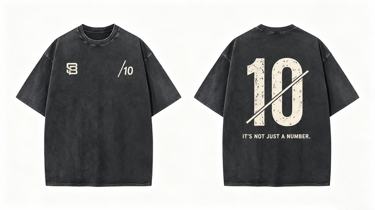 Front and back views of Black oversized T-shirt with number 10 back graphic