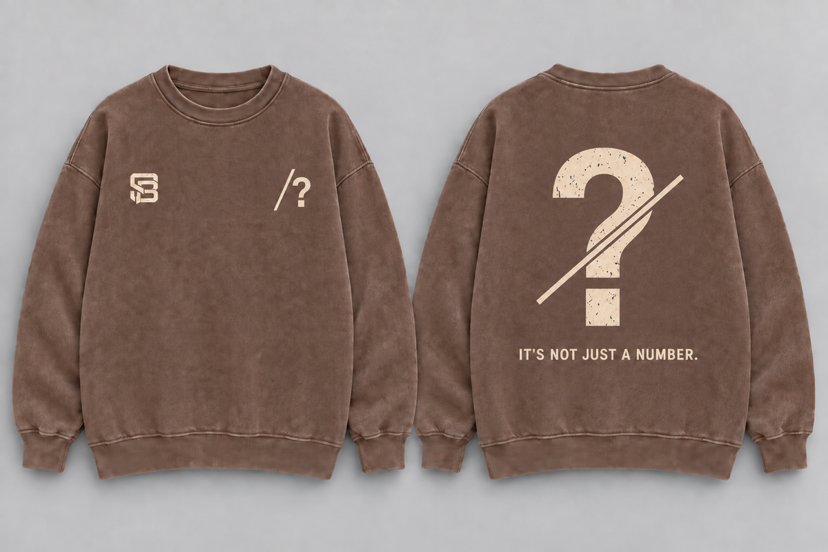 Front and back views of brown washed oversized crewneck sweatshirt with customizable question mark graphic