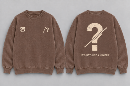 Front and back views of brown washed oversized crewneck sweatshirt with customizable question mark graphic