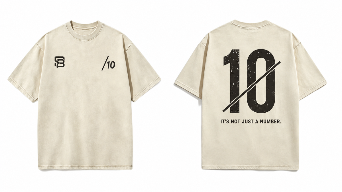 Front and back views of Cream oversized T-shirt with number 10 back graphic