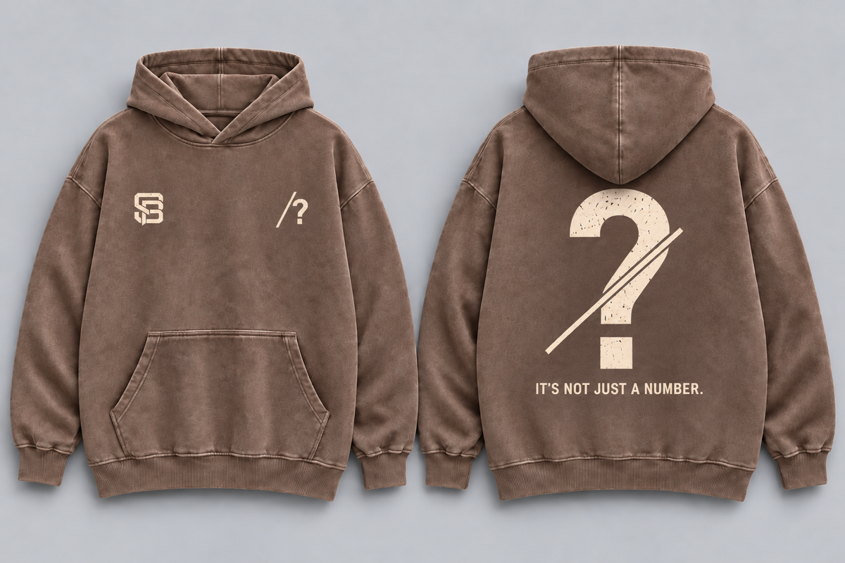 Front and back views of brown washed oversized hoodie with customizable question mark graphic