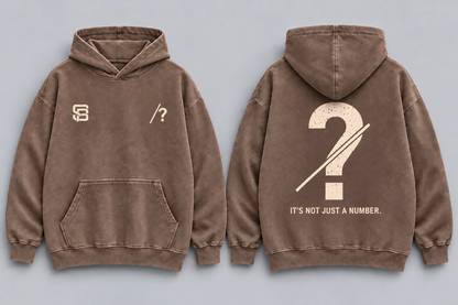Front and back views of brown washed oversized hoodie with customizable question mark graphic