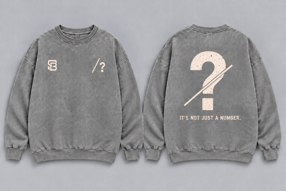 Front and back views of grey washed oversized crewneck sweatshirt with customizable question mark graphic
