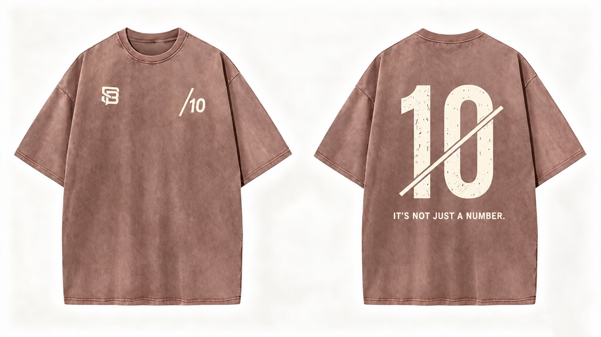 Front and back views of Brown oversized T-shirt with number 10 back graphic