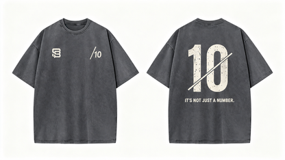 Front and back views of Grey oversized T-shirt with number 10 back graphic