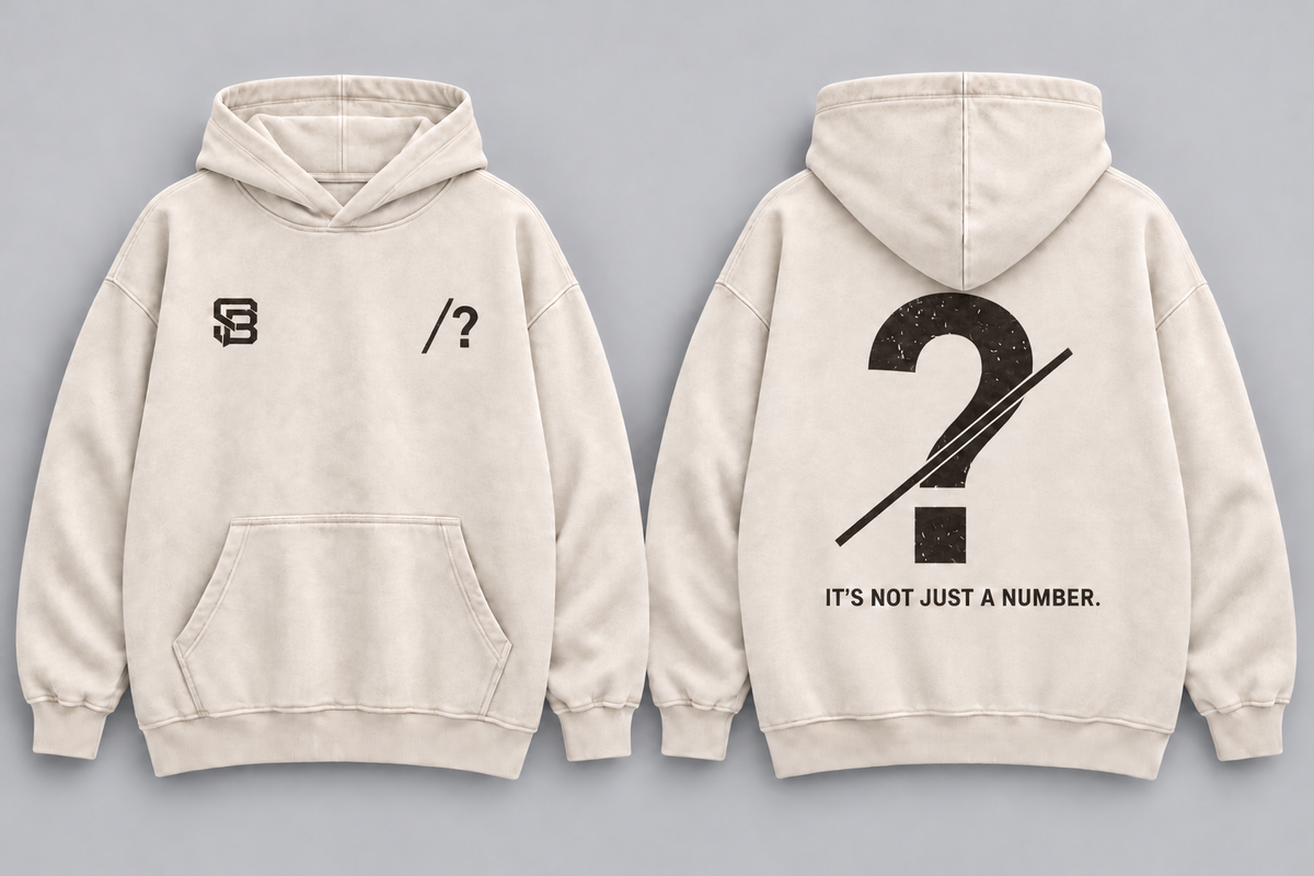 Front and back views of cream washed oversized hoodie with customizable question mark graphic