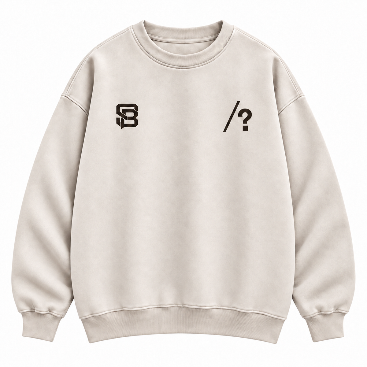 Close-up of customizable question mark graphic on the front of a cream oversized crewneck sweatshirt