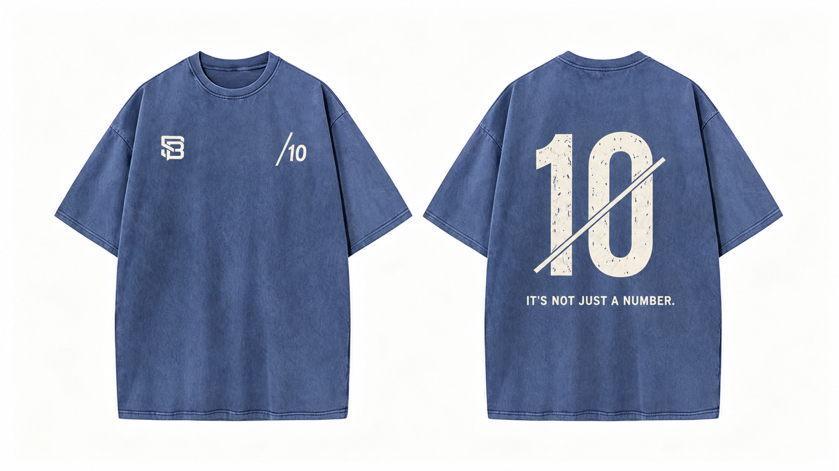 Front and back views of Vintage Blue oversized T-shirt with number 10 back graphic