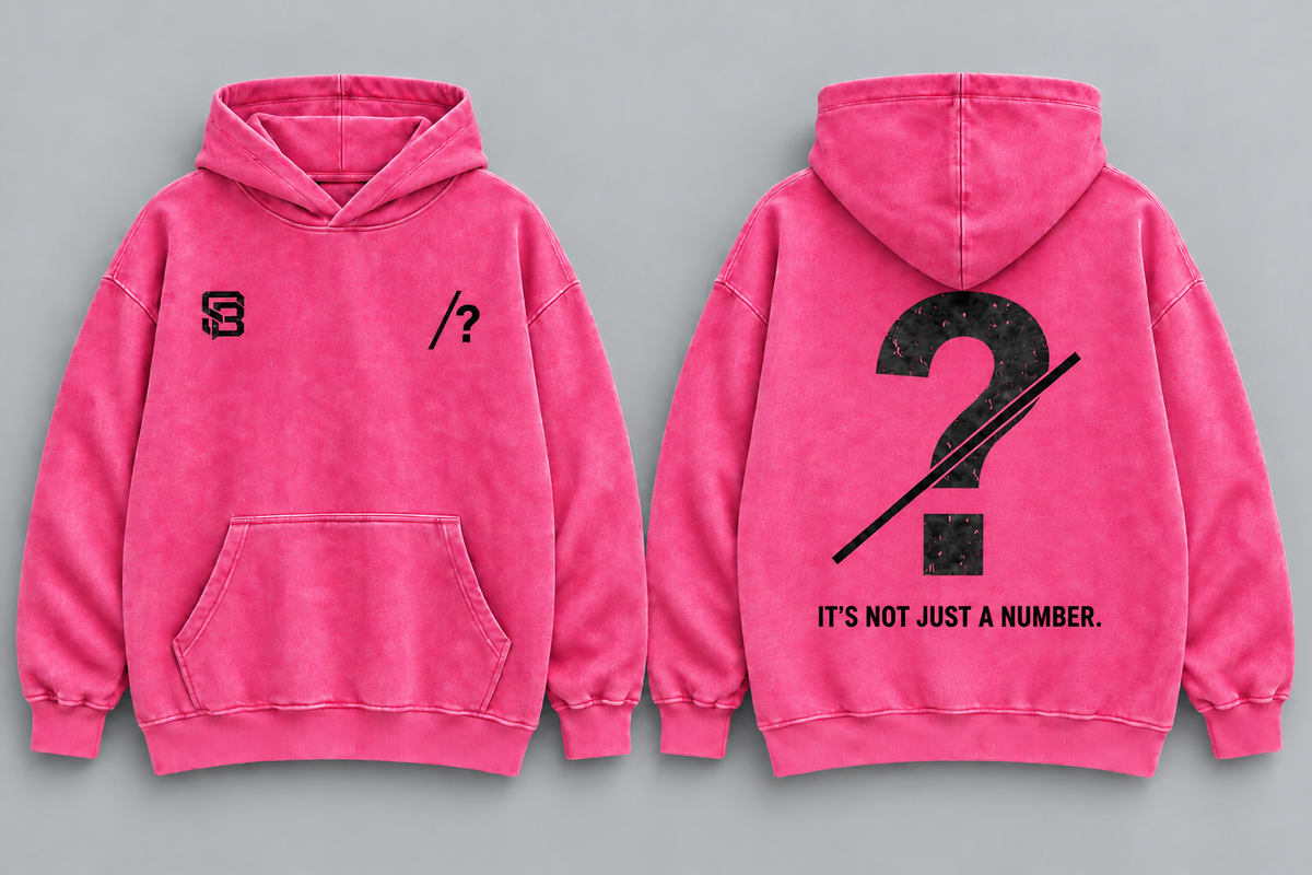 Front and back views of pink washed oversized hoodie with customizable question mark graphic