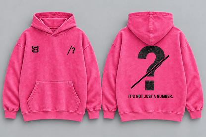 Front and back views of pink washed oversized hoodie with customizable question mark graphic