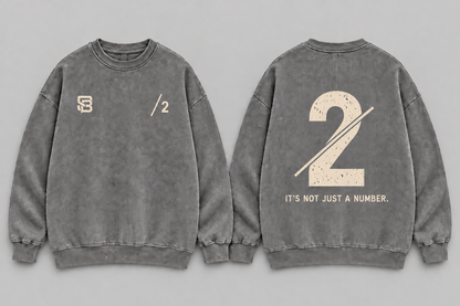 Front and back views of grey washed oversized sweatshirt with number 2 graphic