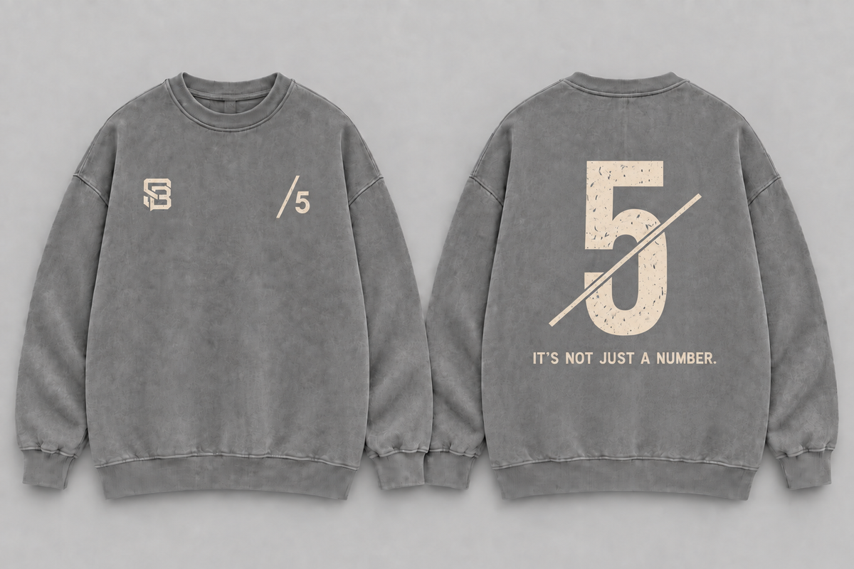 Front and back views of grey washed oversized sweatshirt with number 5 graphic
