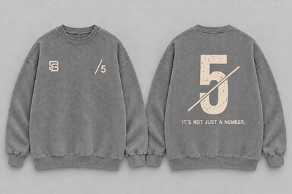 Front and back views of grey washed oversized sweatshirt with number 5 graphic