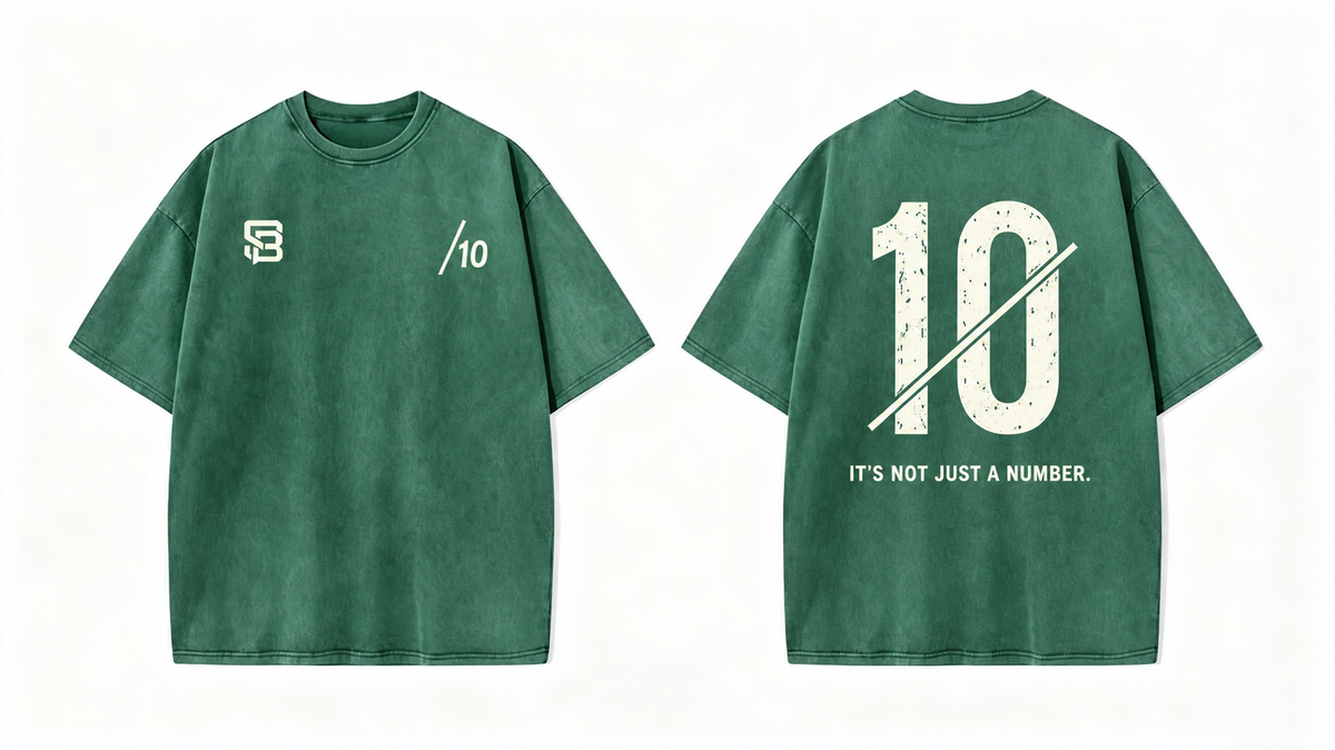 Front and back views of Dark Green oversized T-shirt with number 10 back graphic