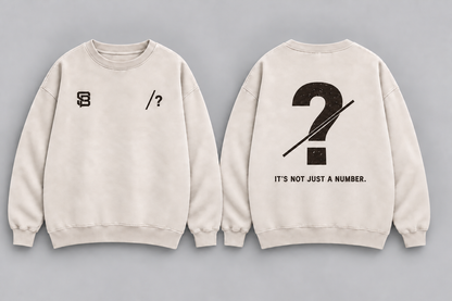 Front and back views of cream washed oversized crewneck sweatshirt with customizable question mark graphic