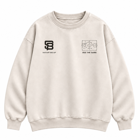 Front view of off-white oversized sweatshirt with small chest graphics