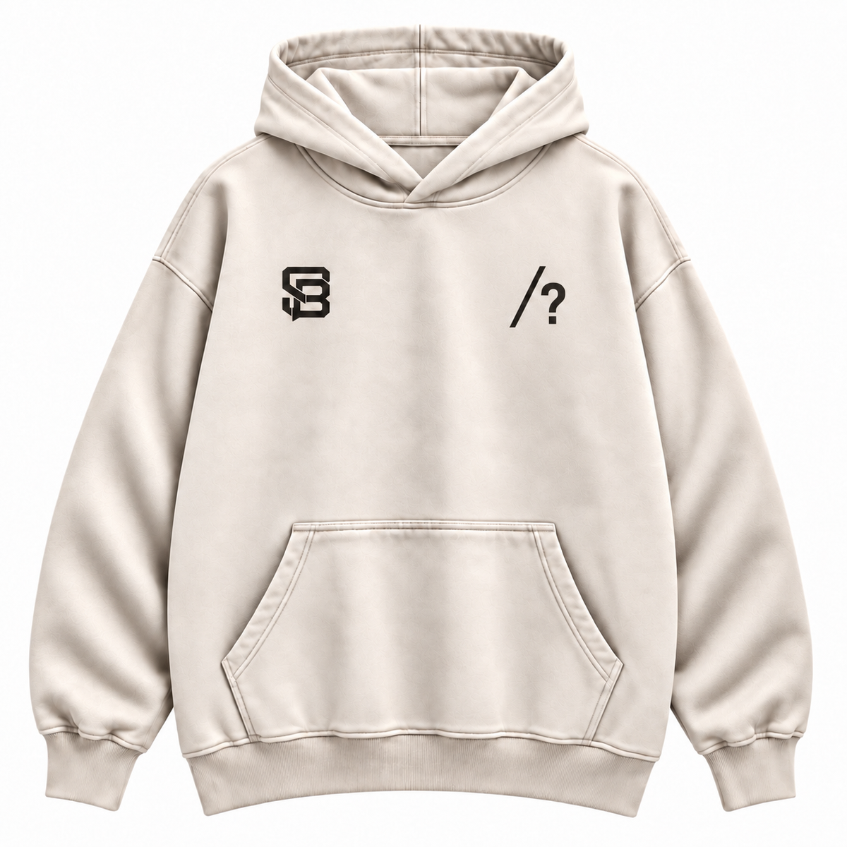 Close-up of customizable question mark graphic on the front of a cream oversized hoodie