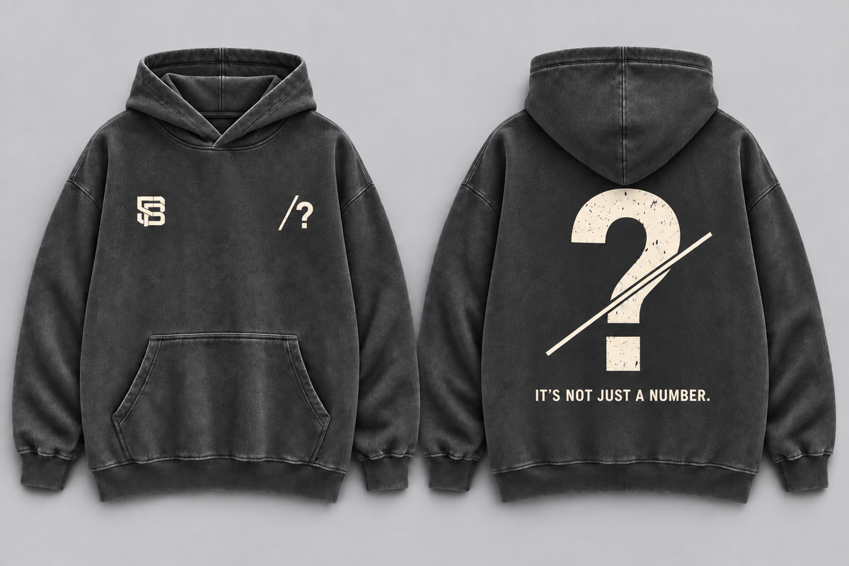 Front and back views of black washed oversized hoodie with customizable question mark graphic