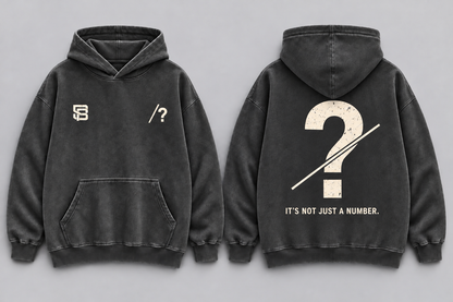 Front and back views of black washed oversized hoodie with customizable question mark graphic