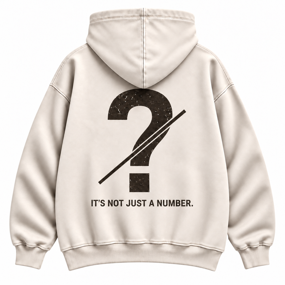 Close-up of customizable question mark graphic on the back of a cream oversized hoodie