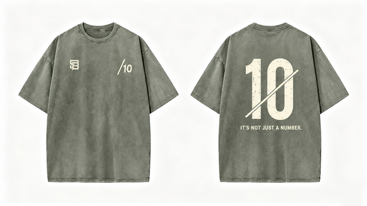 Front and back views of Olive Green oversized T-shirt with number 10 back graphic