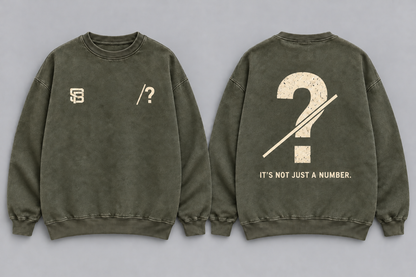Front and back views of olive green washed oversized crewneck sweatshirt with customizable question mark graphic