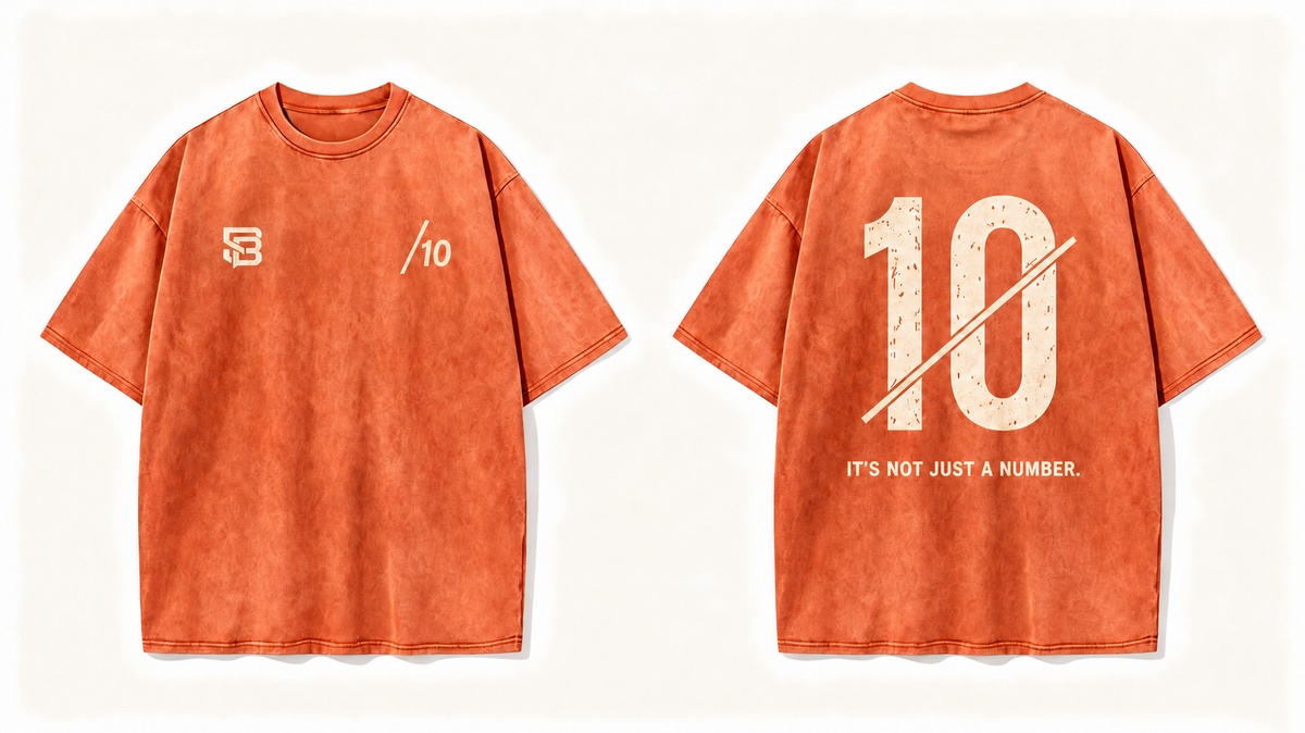 Front and back views of Papaya Orange oversized T-shirt with number 10 back graphic