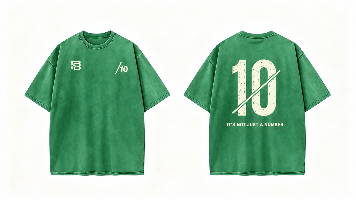 Front and back views of Sage Green oversized T-shirt with number 10 back graphic