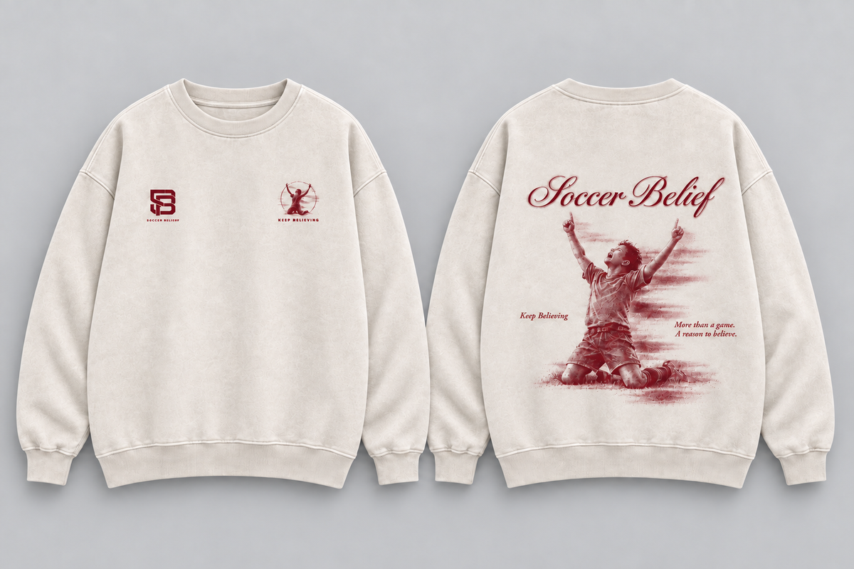 Keep Believing — Washed Oversized Crewneck in Almond, front and back views