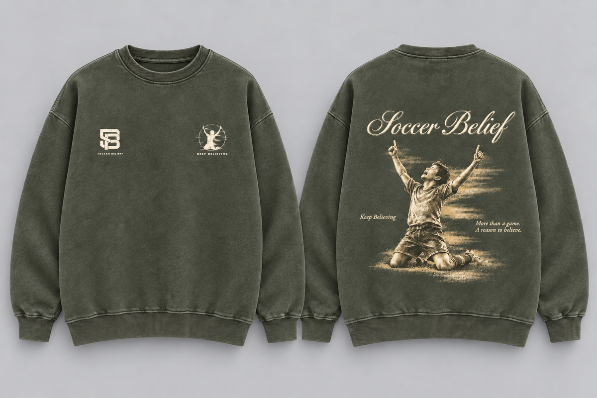 Keep Believing — Washed Oversized Crewneck in Army Green, front and back views