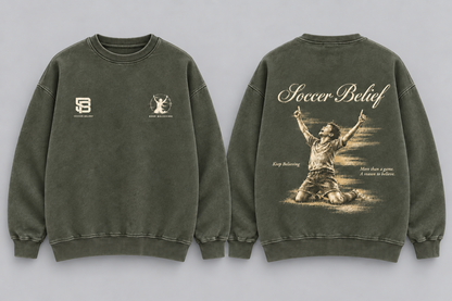Keep Believing — Washed Oversized Crewneck in Army Green, front and back views