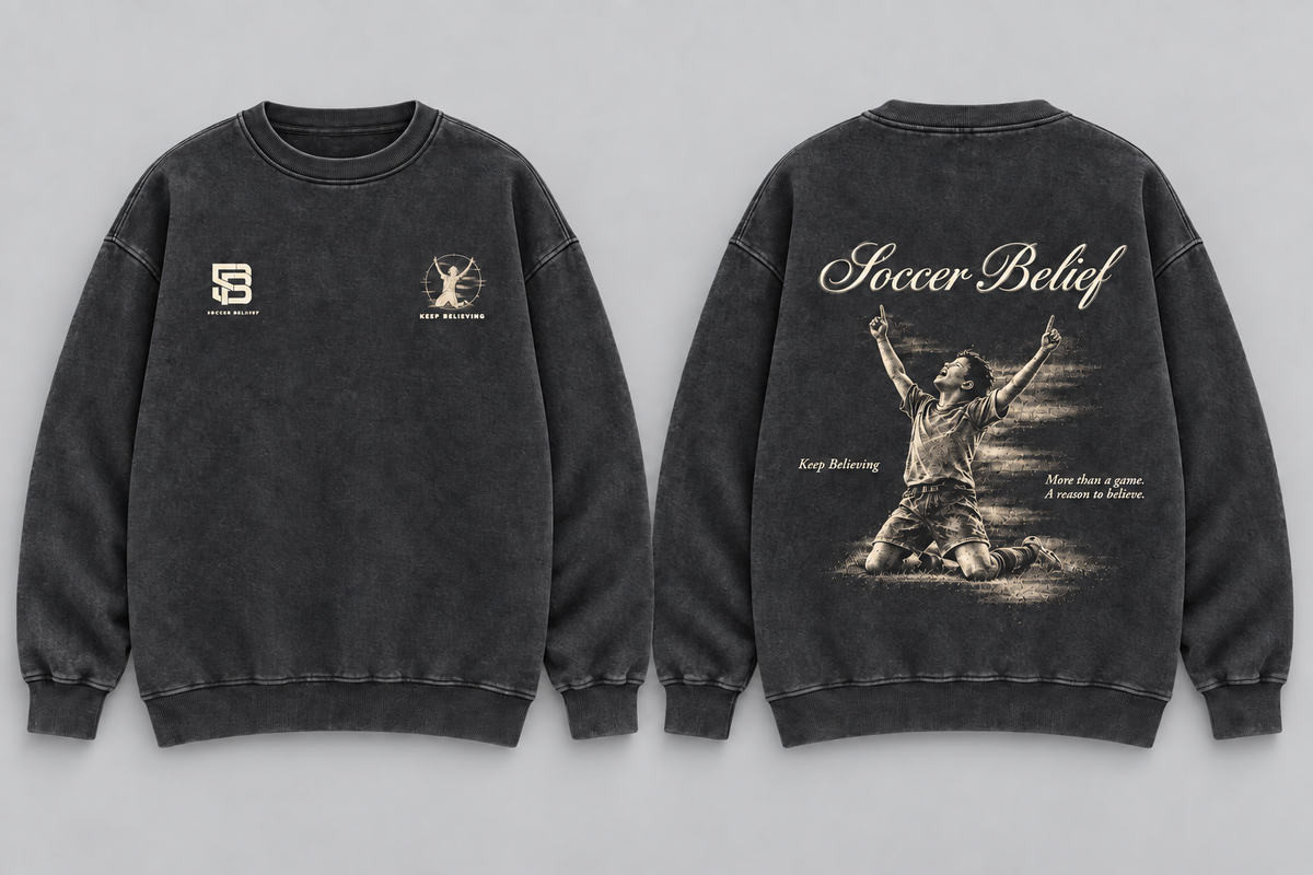 Keep Believing — Washed Oversized Crewneck in Black, front and back views