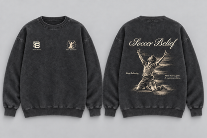 Keep Believing — Washed Oversized Crewneck in Black, front and back views