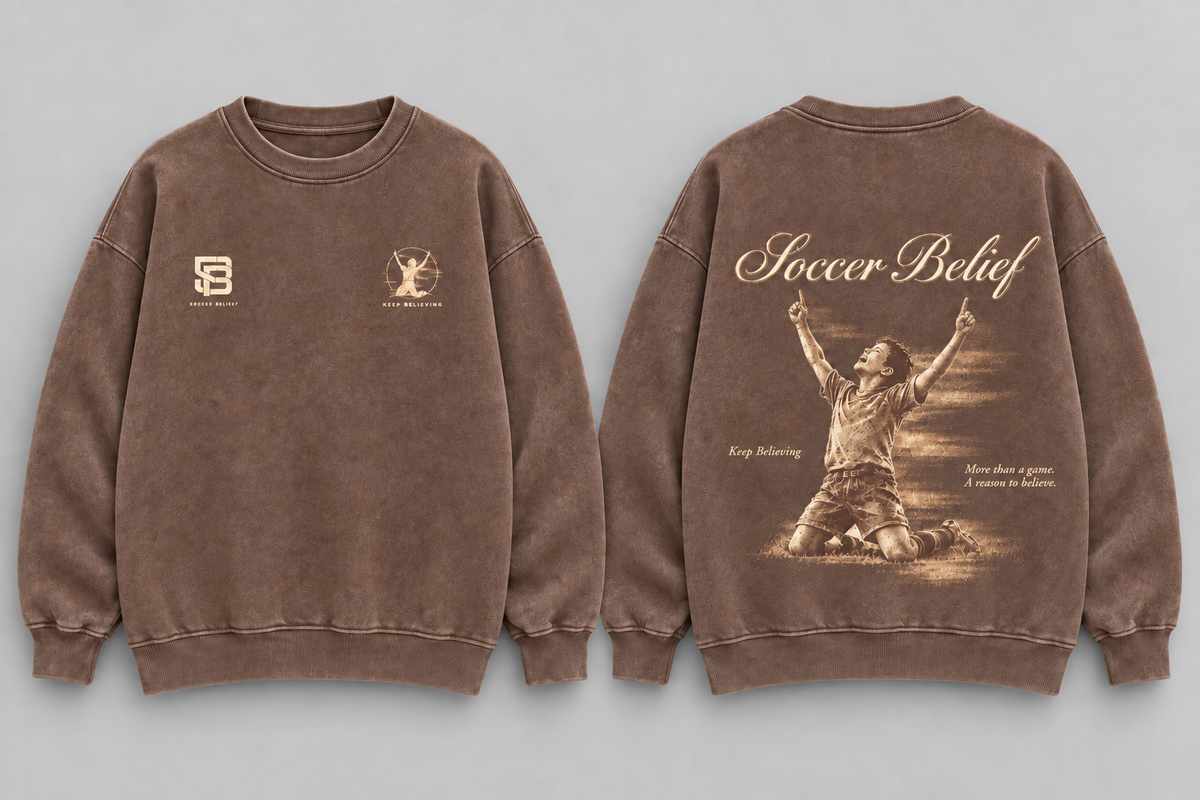 Keep Believing — Washed Oversized Crewneck in Coffee, front and back views