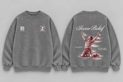 Keep Believing — Washed Oversized Crewneck in Grey, front and back views