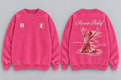Keep Believing — Washed Oversized Crewneck in Rose, front and back views