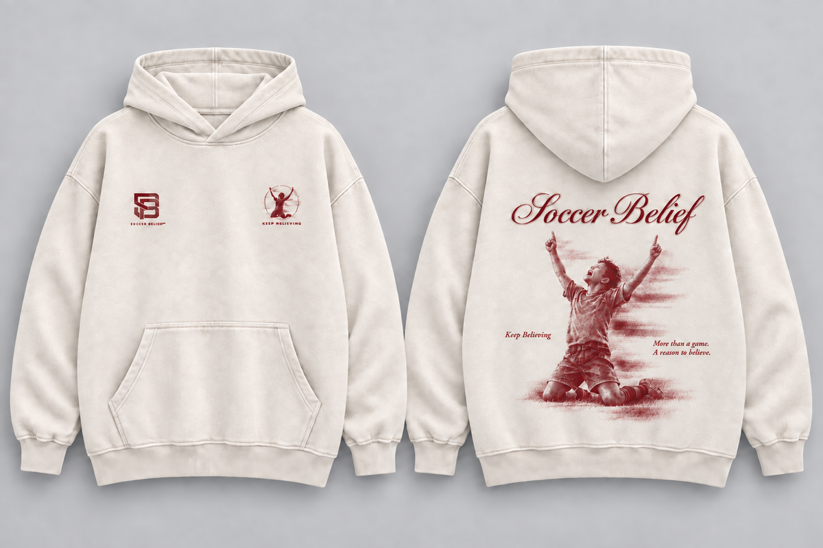 Keep Believing — Washed Oversized Hoodie in Almond, front and back views